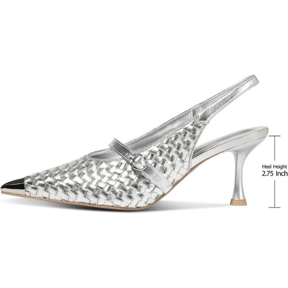 Women's Silver Woven Pumps Stiletto High Heels Closed Pointed Toe Buckle Strap - Picture 4 of 6